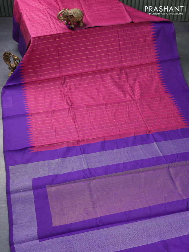 Dupion silk saree magenta pink and violet with allover stripes zari weaves and temple design simple border