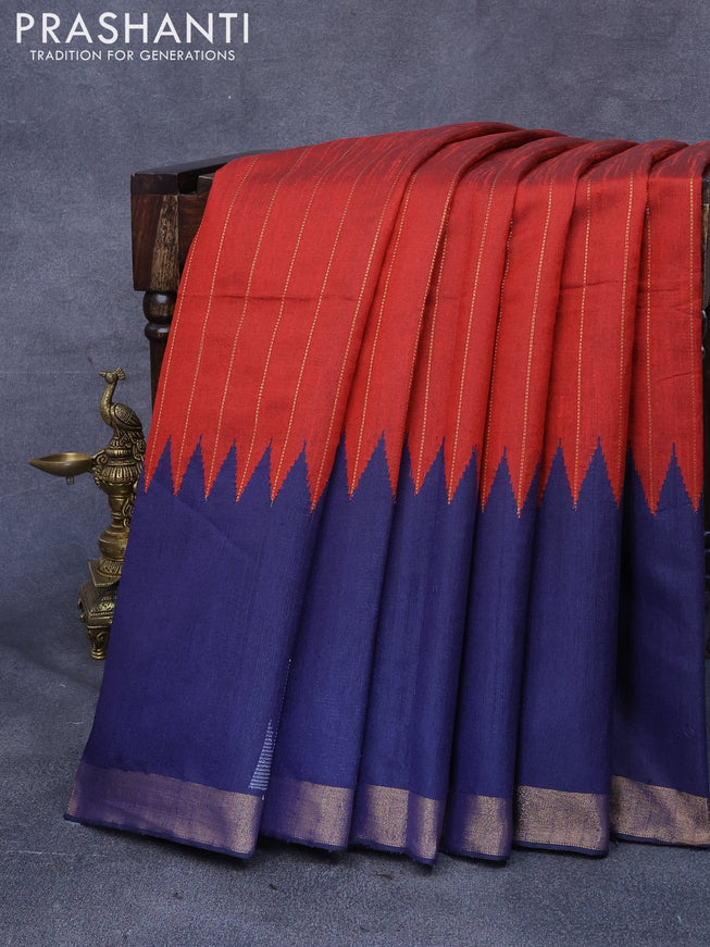 Dupion silk saree rustic orange and dark blue with allover stripes zari weaves and temple design simple border
