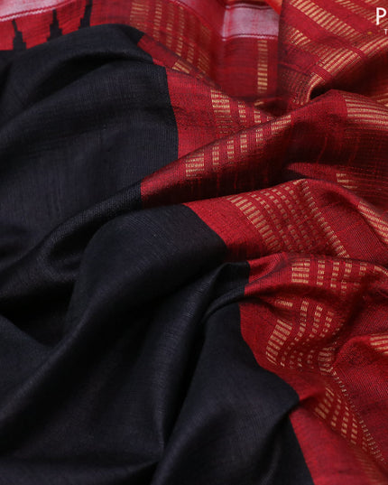 Dupion silk saree black and red with plain body and temple design zari woven border