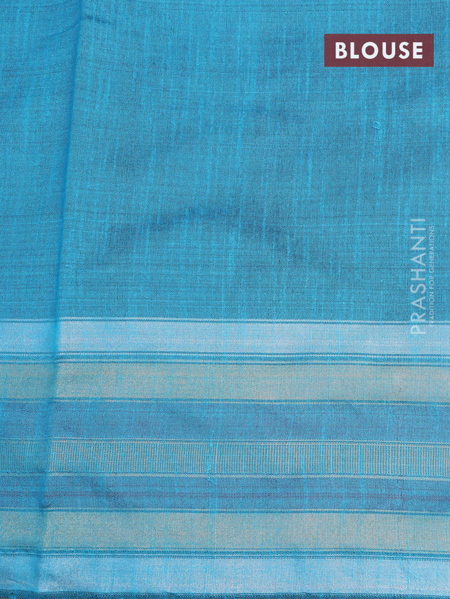 Dupion silk saree blue and teal blue with plain body and temple design zari woven border