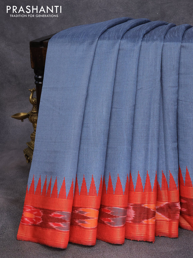 Dupion silk saree grey and red with plain body and temple design ikat woven border