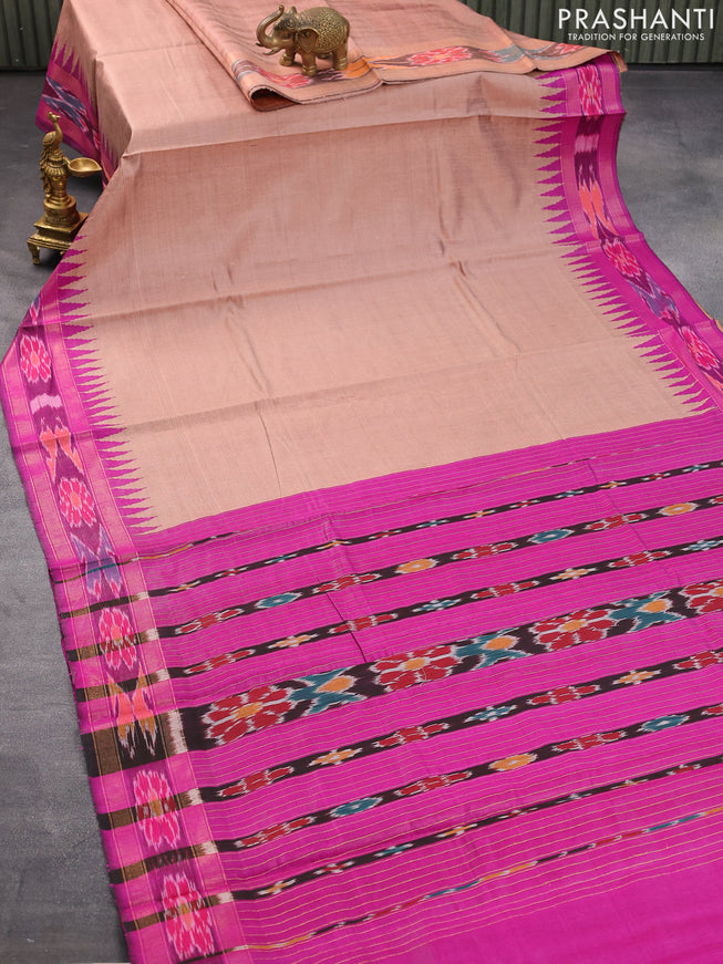 Dupion silk saree sandal shade and purple with plain body and temple design ikat woven border