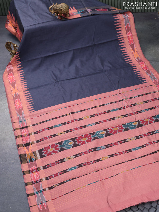 Dupion silk saree black and peach shade with plain body and temple design ikat woven border