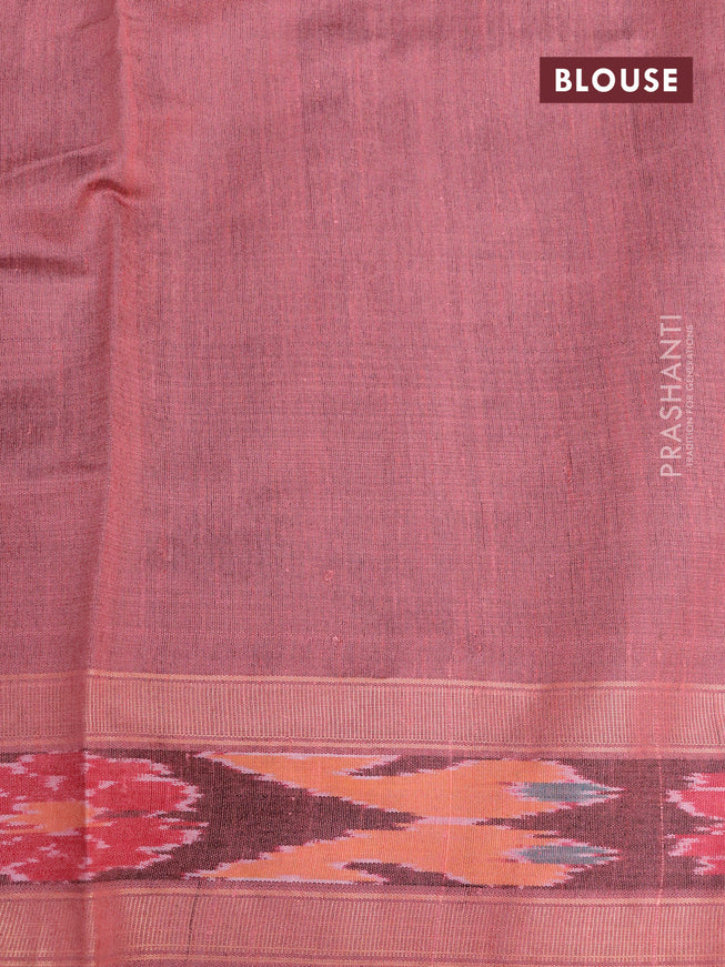 Dupion silk saree black and peach shade with plain body and temple design ikat woven border