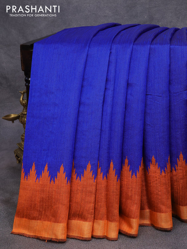 Dupion silk saree royal blue and orange with plain body and temple design zari woven border