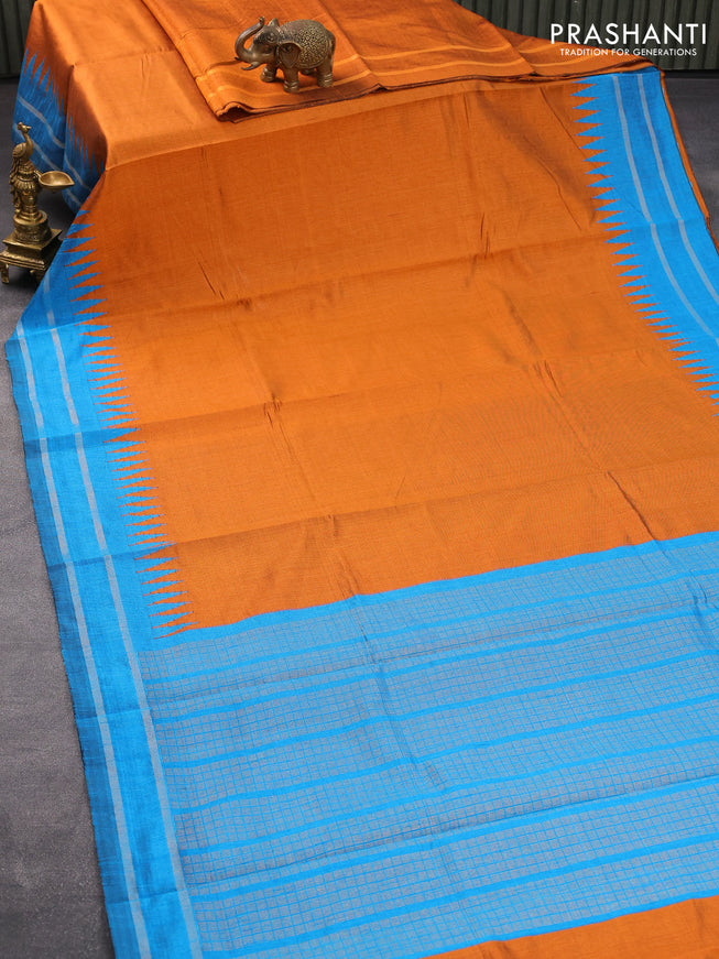 Dupion silk saree orange and cs blue with plain body and temple design rettapet zari woven border
