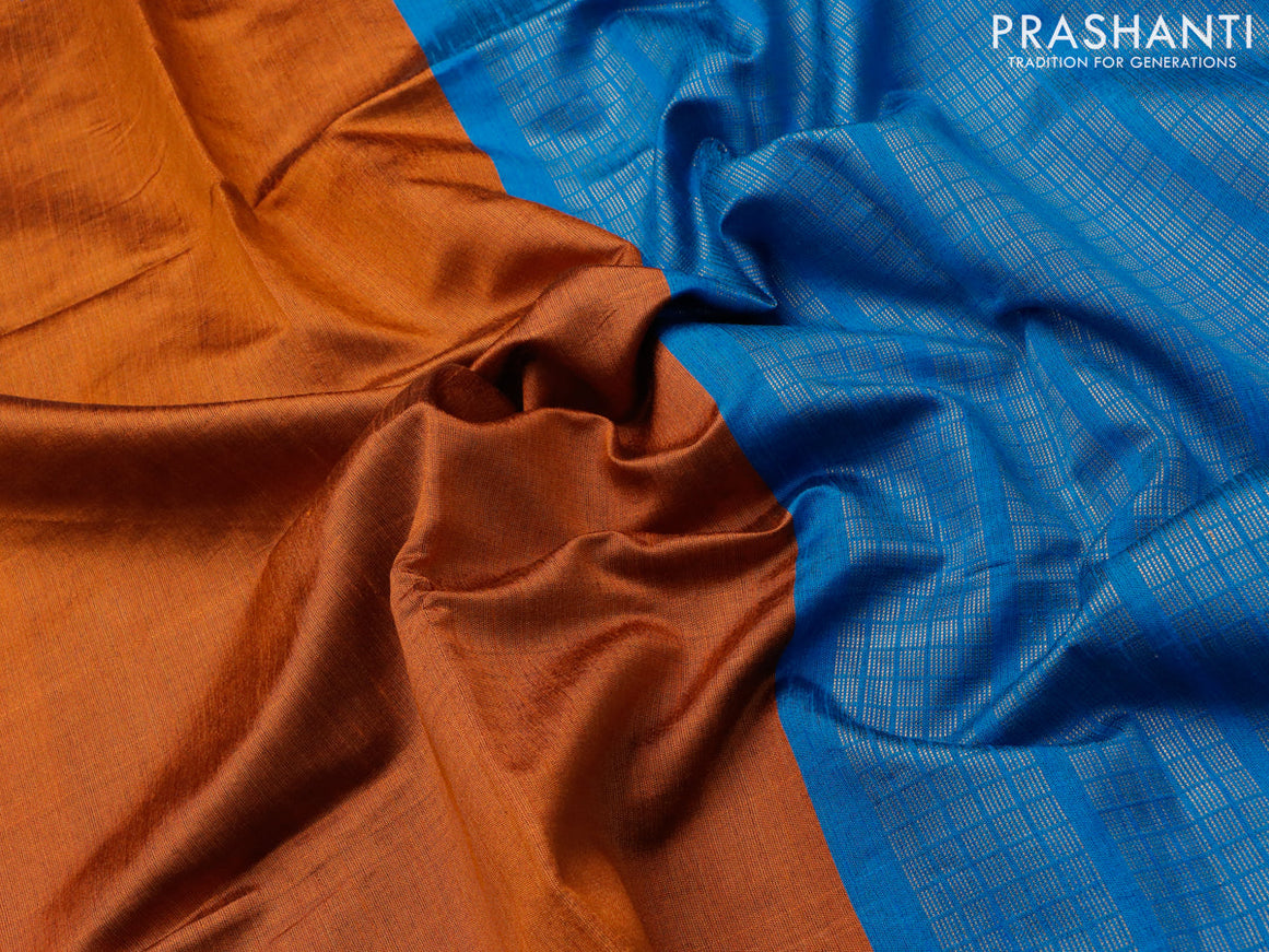 Dupion silk saree orange and cs blue with plain body and temple design rettapet zari woven border
