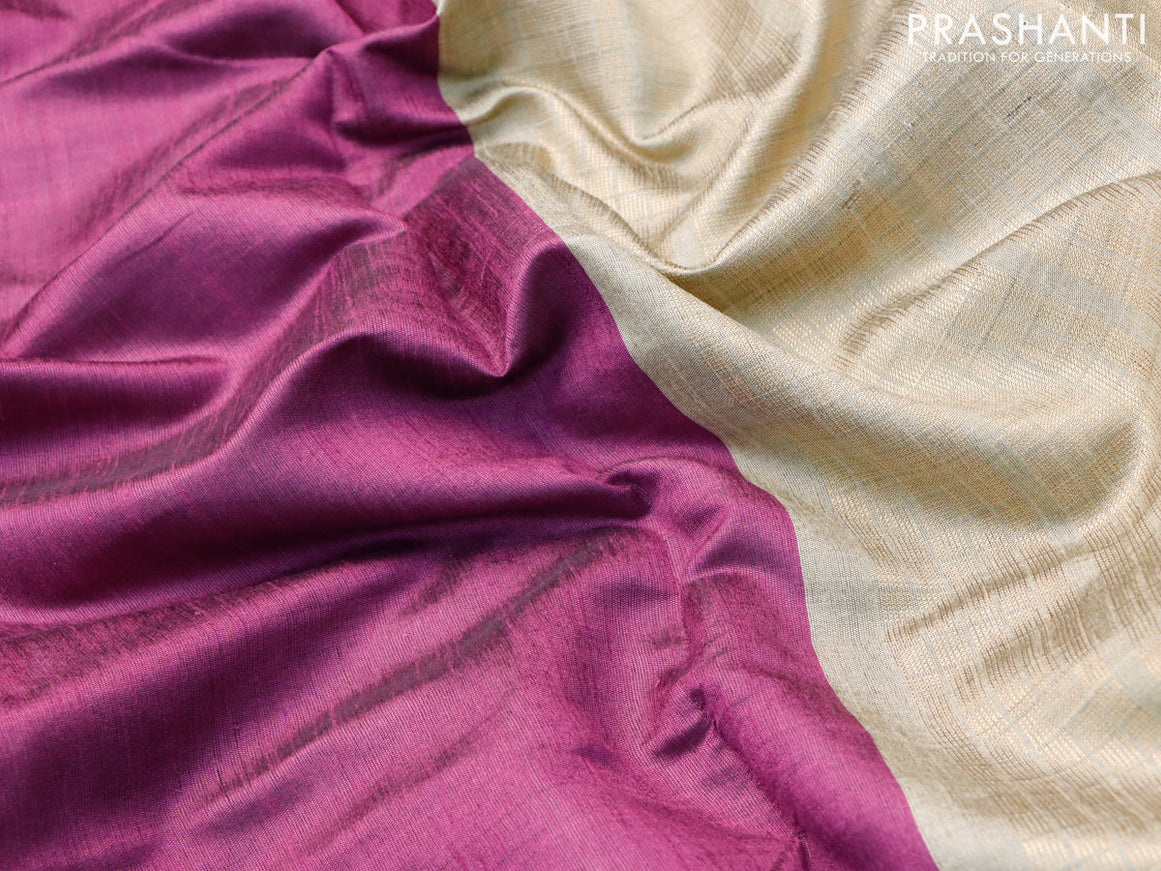Dupion silk saree purple shade and beige with plain body and temple design rettapet zari woven border