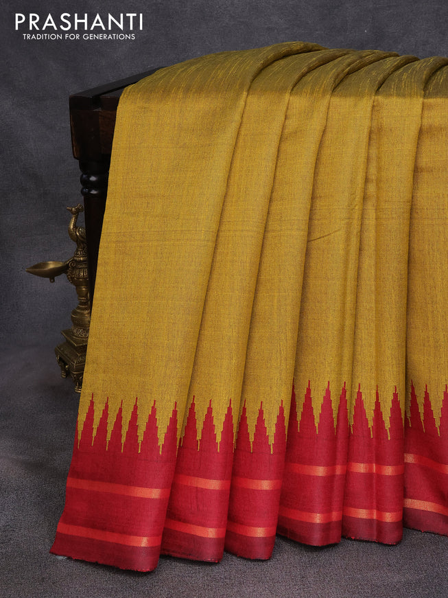 Dupion silk saree mustard yellow and maroon with plain body and temple design rettapet zari woven border