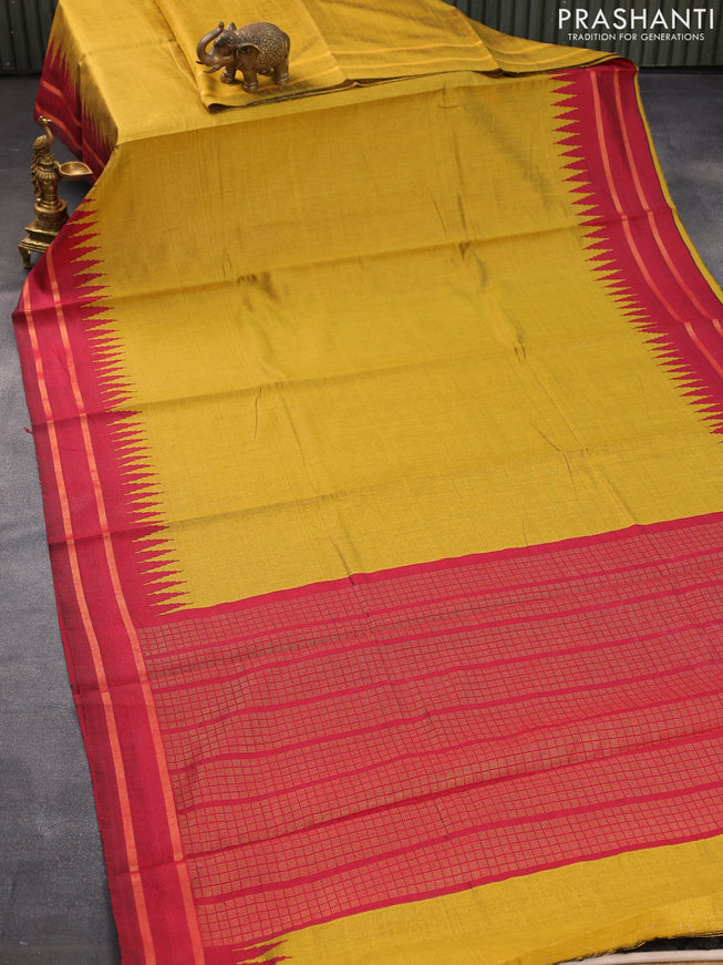 Dupion silk saree mustard yellow and maroon with plain body and temple design rettapet zari woven border