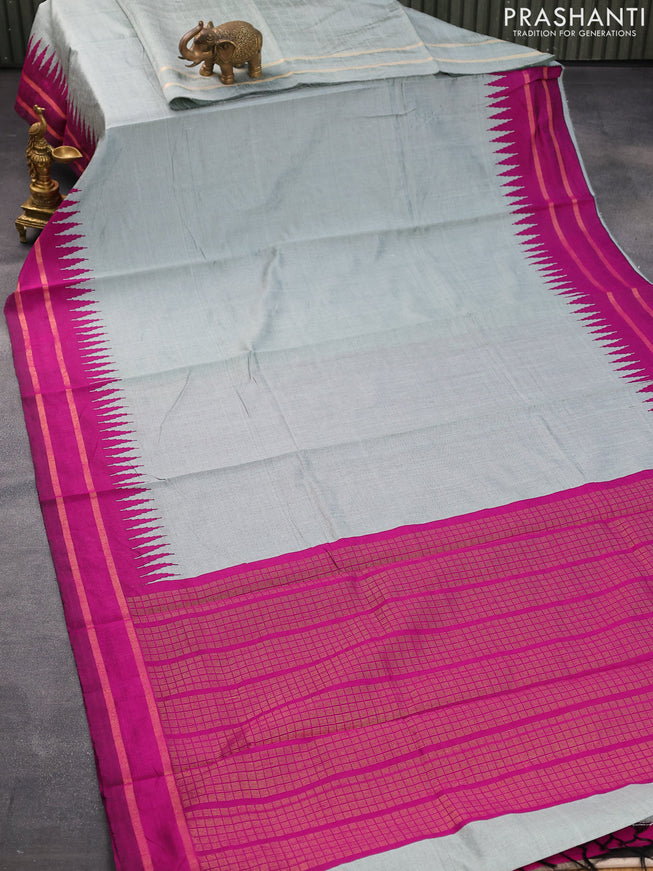 Dupion silk saree grey shade and purple with plain body and temple design rettapet zari woven border