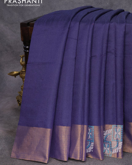 Dupion silk saree navy blue and teal blue with plain body and zari woven butta border