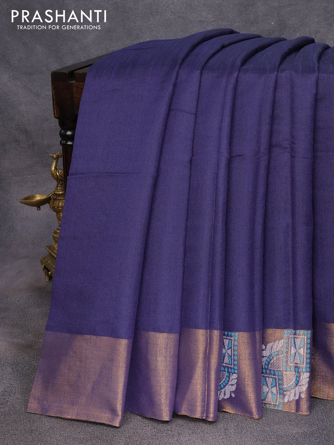 Dupion silk saree navy blue and teal blue with plain body and zari woven butta border