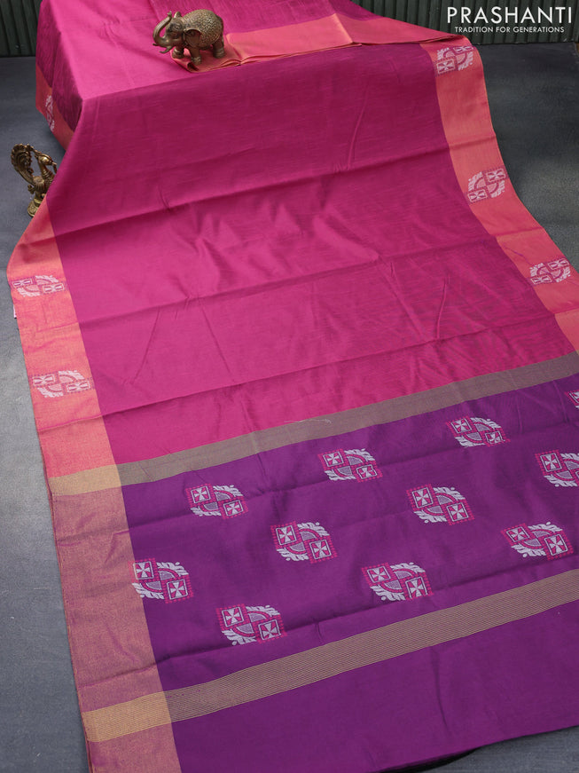 Dupion silk saree magenta pink with plain body and zari woven butta border