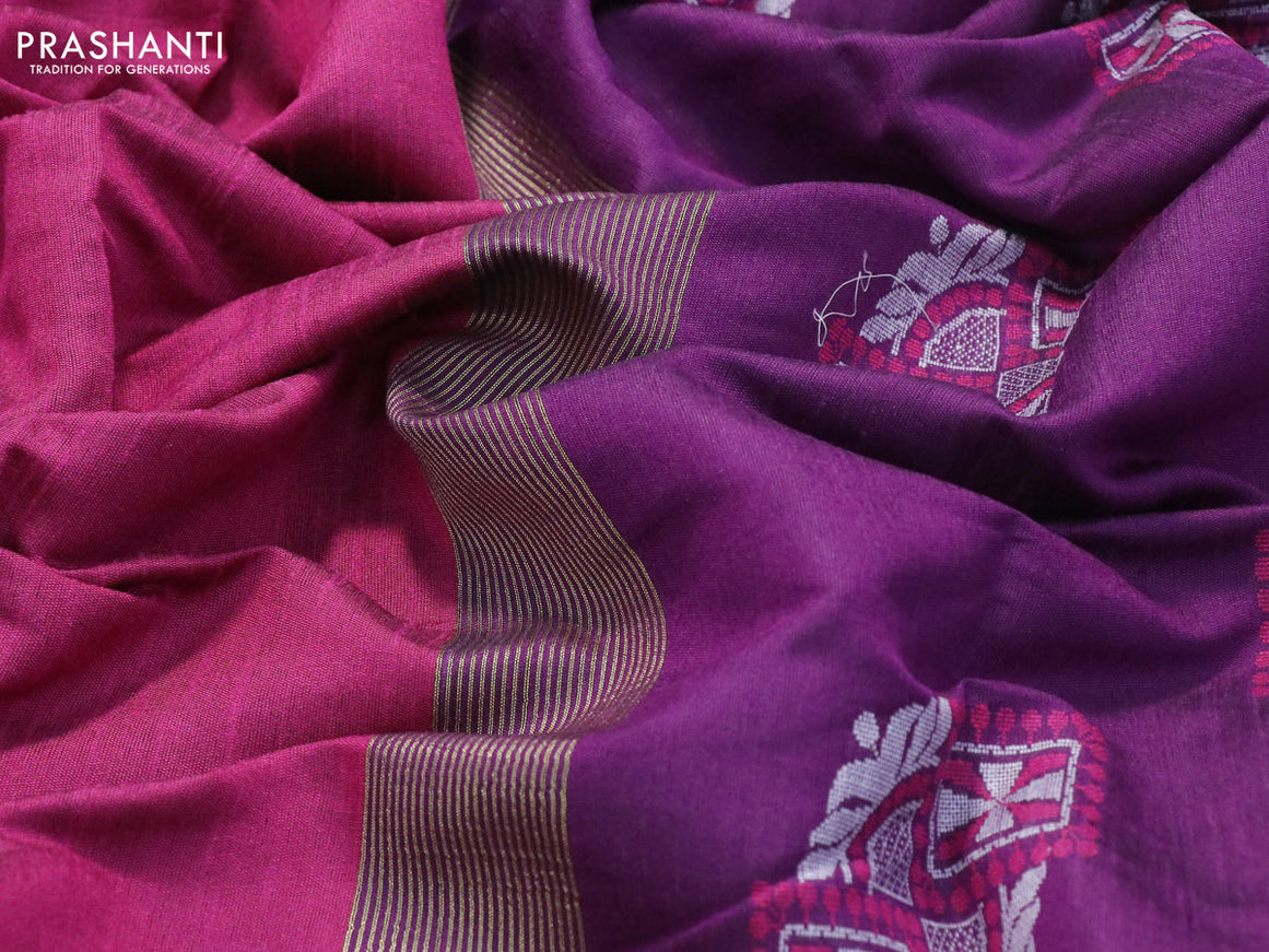Dupion silk saree magenta pink with plain body and zari woven butta border