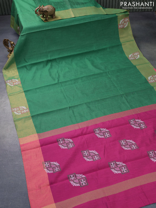Dupion silk saree green and pink with plain body and zari woven butta border