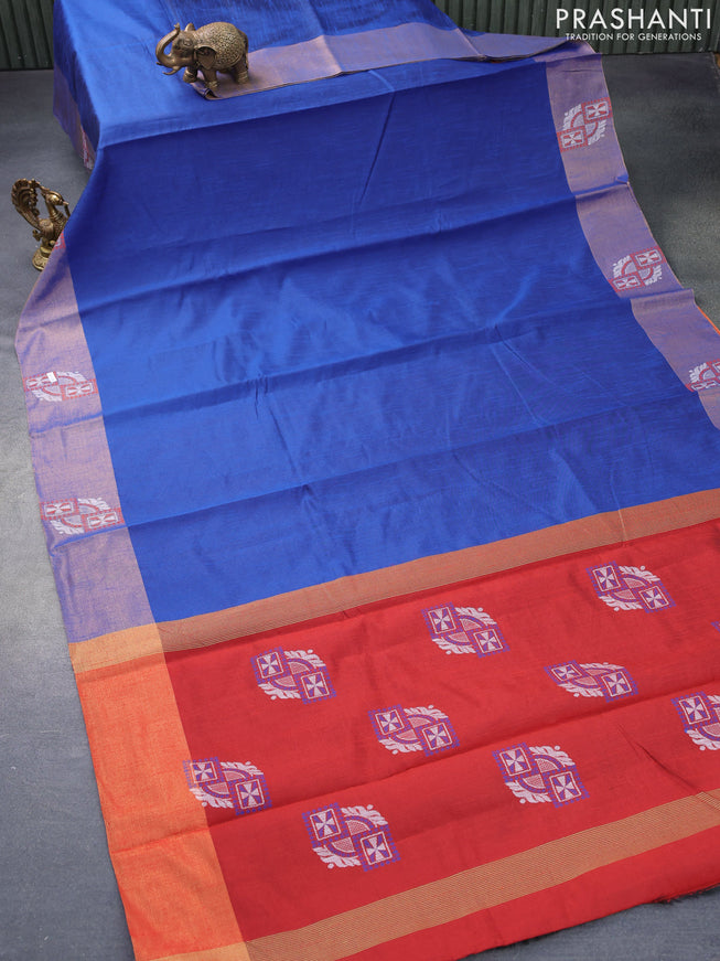 Dupion silk saree blue and red with plain body and zari woven butta border