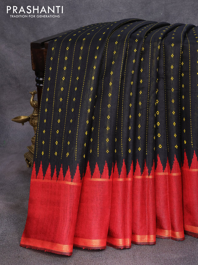 Dupion silk saree black and red with allover thread weaves and temple design rettapet zari woven border
