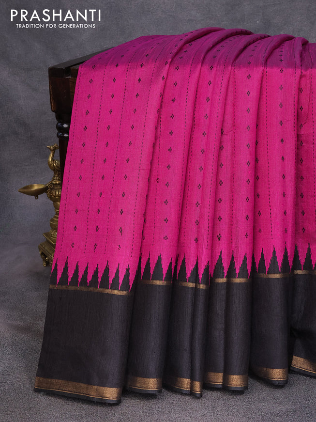 Dupion silk saree purple and black with allover thread weaves and temple design rettapet zari woven border