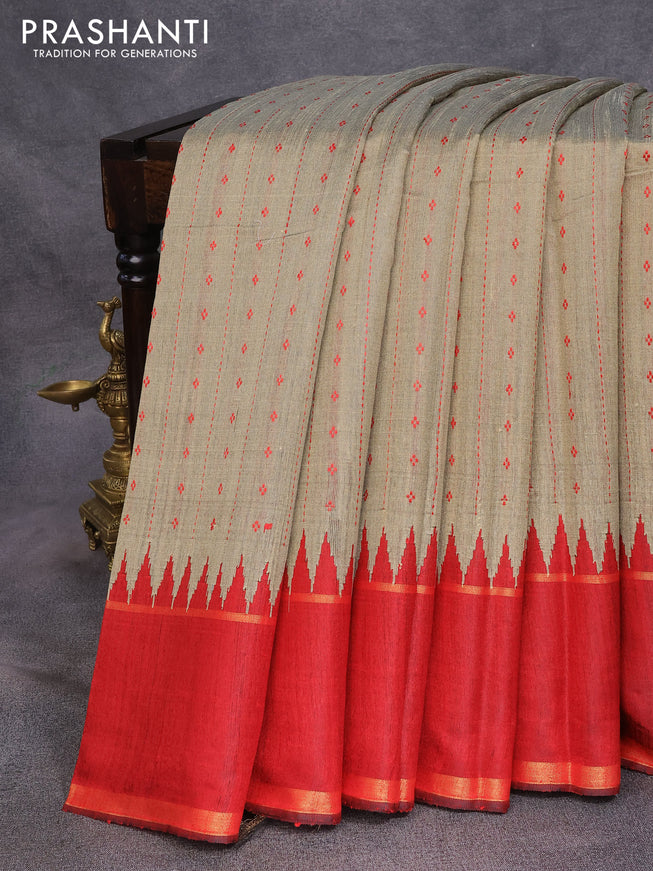 Dupion silk saree beige and red with allover thread weaves and temple design rettapet zari woven border