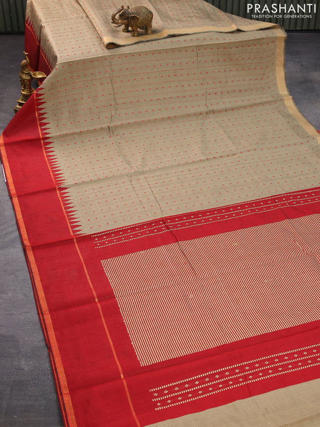 Dupion silk saree beige and red with allover thread weaves and temple design rettapet zari woven border