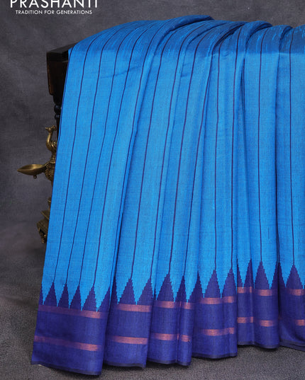 Dupion silk saree cs blue and dark blue with allover stripe weaves and temple design rettapet copper zari woven border