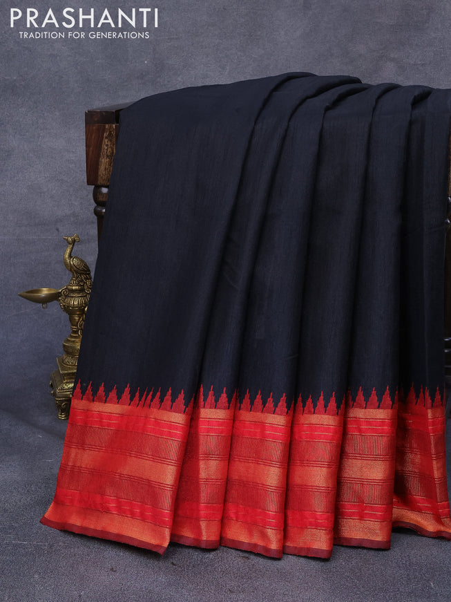 Dupion silk saree black and red with plain body and temple design zari woven border
