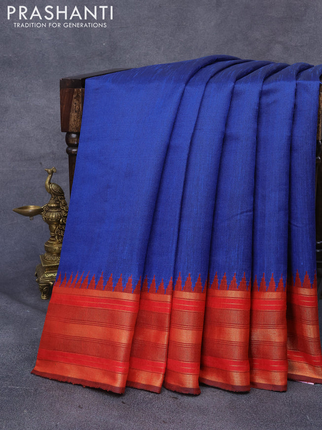 Dupion silk saree blue and red with plain body and temple design zari woven border