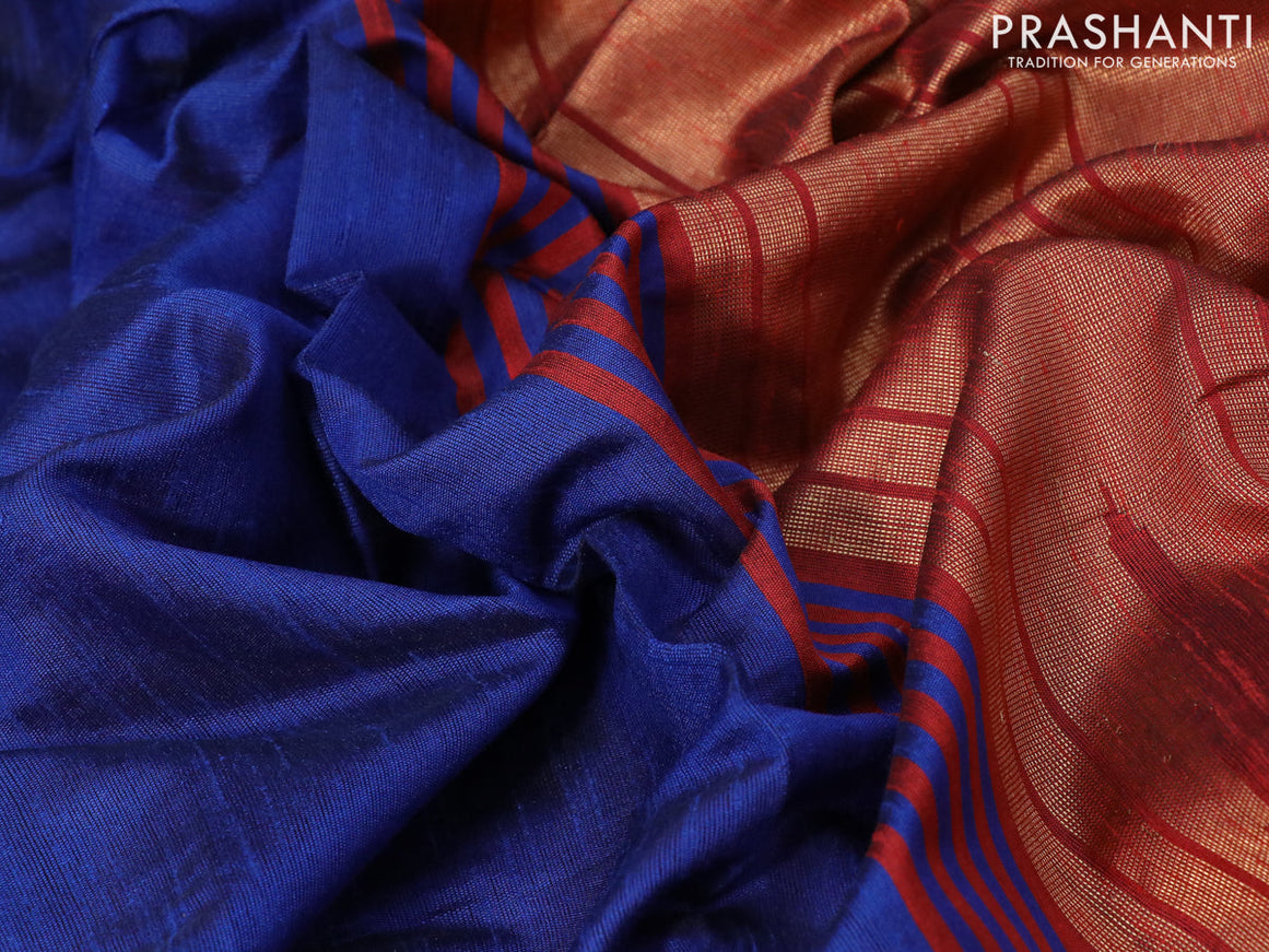 Dupion silk saree blue and red with plain body and temple design zari woven border