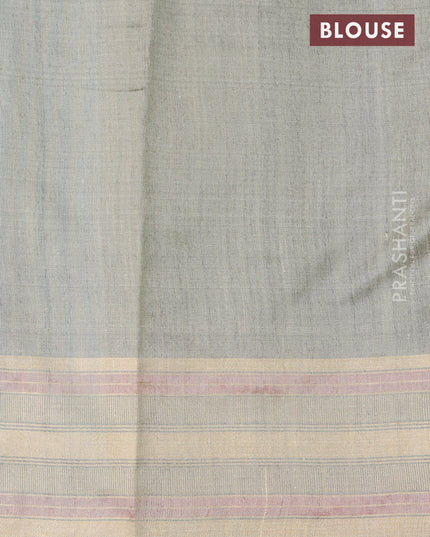 Dupion silk saree blue and sandal with plain body and temple design zari woven border