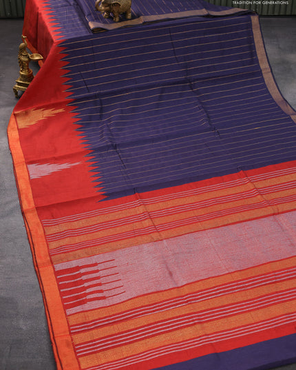 Dupion silk saree navy blue and rustic orange with allover zari stripe weaves and long temple design zari woven border