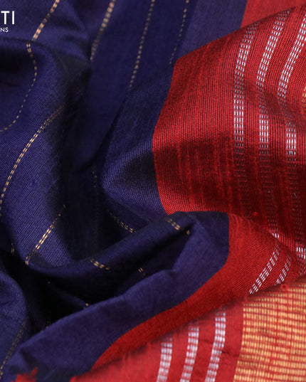 Dupion silk saree navy blue and rustic orange with allover zari stripe weaves and long temple design zari woven border