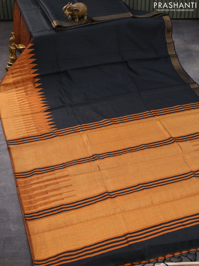 Dupion silk saree black and dark mustard with plain body and temple design zari woven border