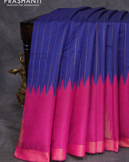 Dupion silk saree dark blue and purple with allover zari stripe weaves and long temple design zari woven border