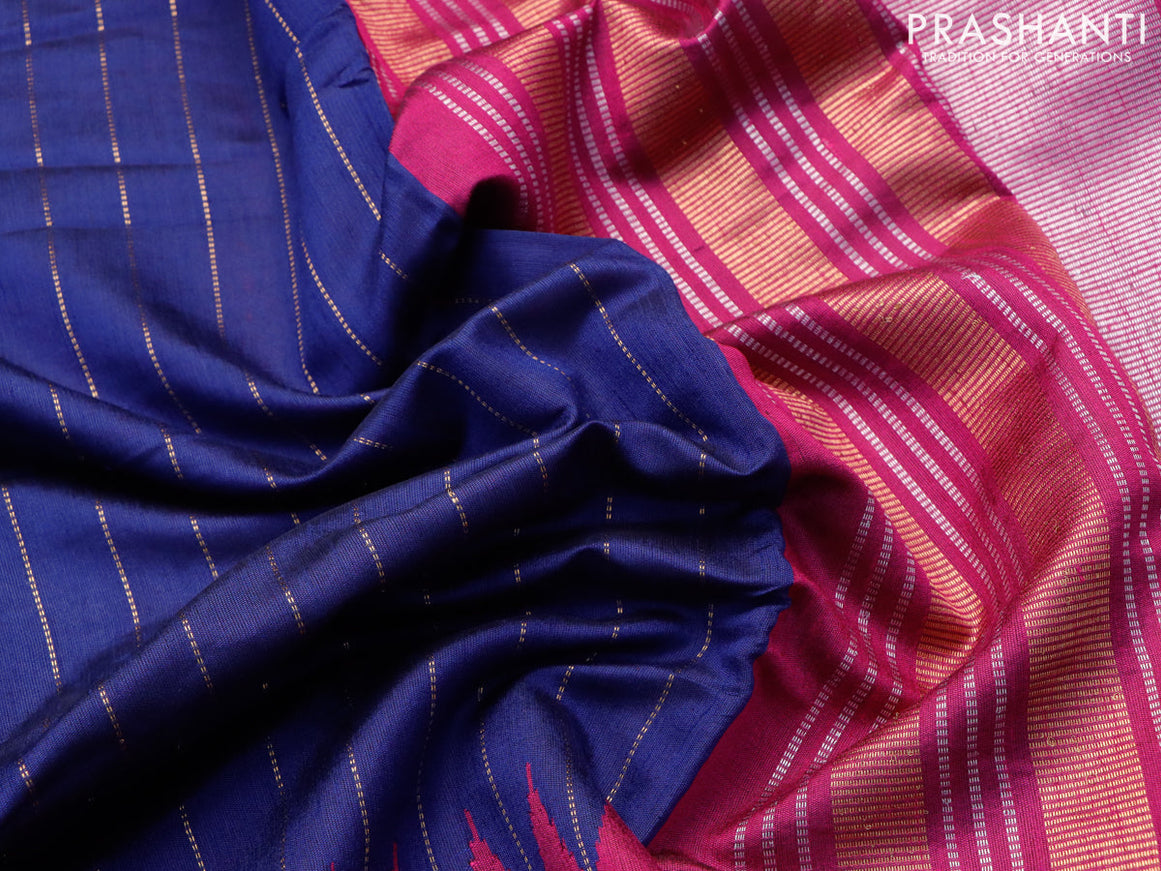 Dupion silk saree dark blue and purple with allover zari stripe weaves and long temple design zari woven border