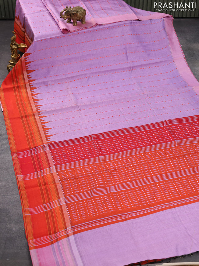 Dupion silk saree lavender and red with allover thread weaves and temple design zari woven border