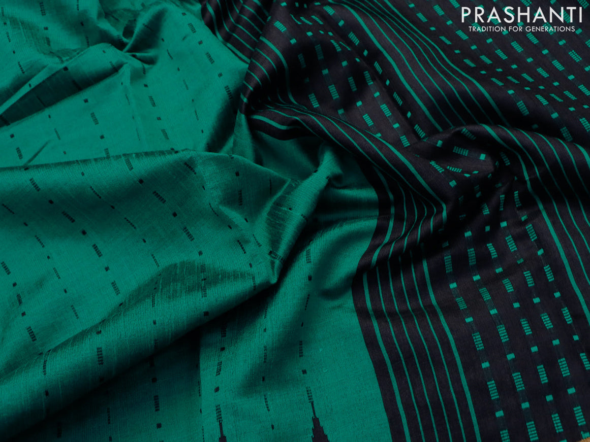 Dupion silk saree teal green and black with allover thread weaves and temple design zari woven border