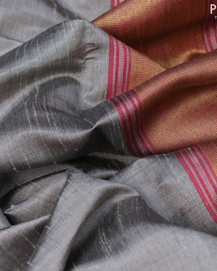 Dupion silk saree grey and pink with thread woven buttas and temple design zari woven border