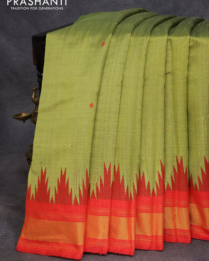 Dupion silk saree lime green shade and red with thread woven buttas and temple design zari woven border