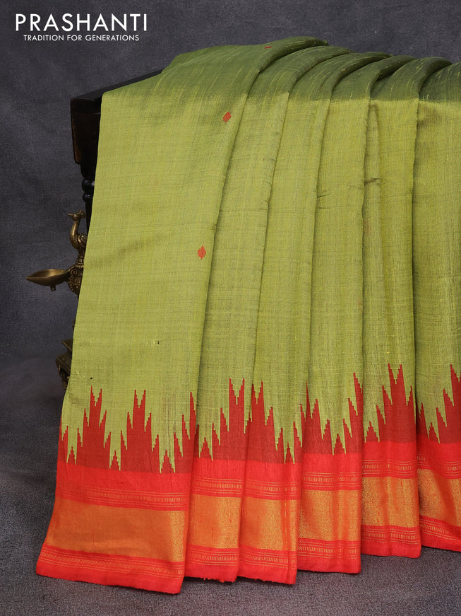 Dupion silk saree lime green shade and red with thread woven buttas and temple design zari woven border
