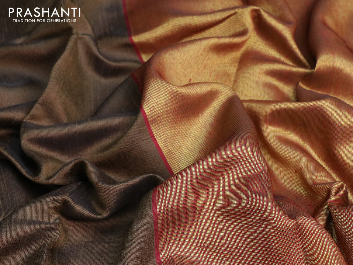 Dupion silk saree dark olive green and red with plain body and temple design zari woven border