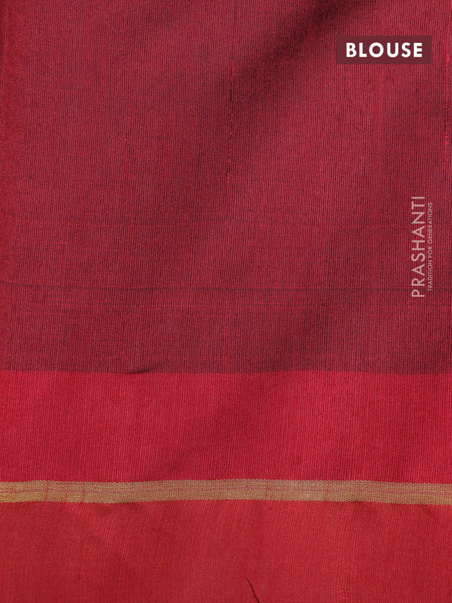 Dupion silk saree dark olive green and red with plain body and temple design zari woven border