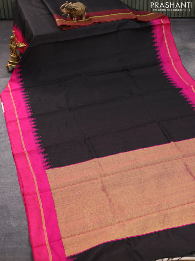Dupion silk saree black and pink with plain body and temple design zari woven border