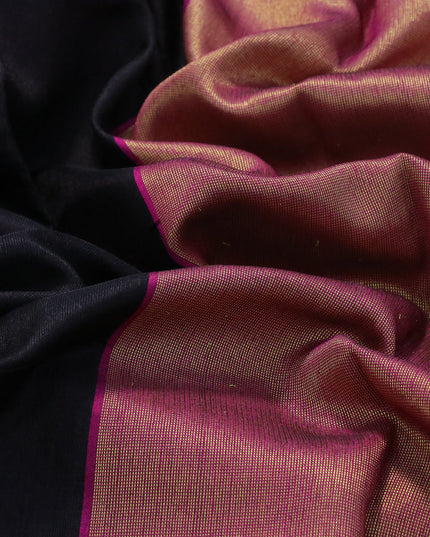 Dupion silk saree black and pink with plain body and temple design zari woven border