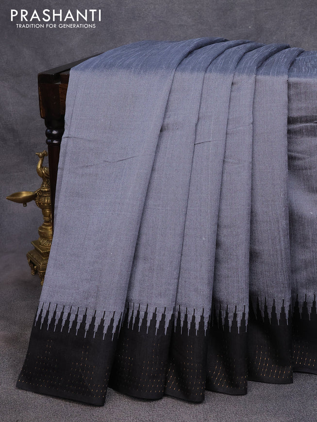 Dupion silk saree grey and black with plain body and temple woven border
