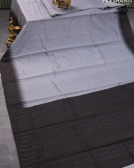 Dupion silk saree grey and black with plain body and temple woven border