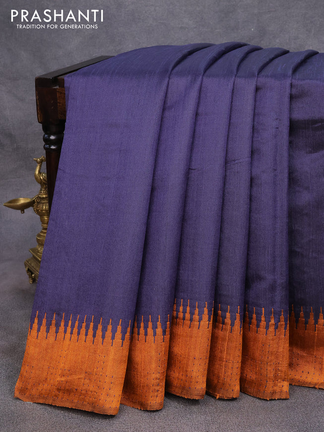 Dupion silk saree navy blue and orange with plain body and temple woven border