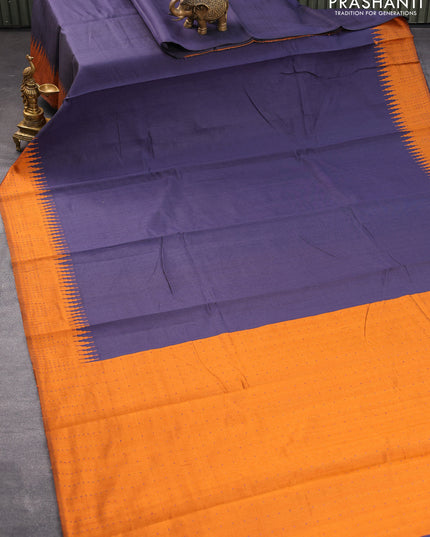 Dupion silk saree navy blue and orange with plain body and temple woven border