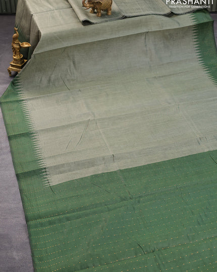 Dupion silk saree greyish green and green with plain body and temple woven border