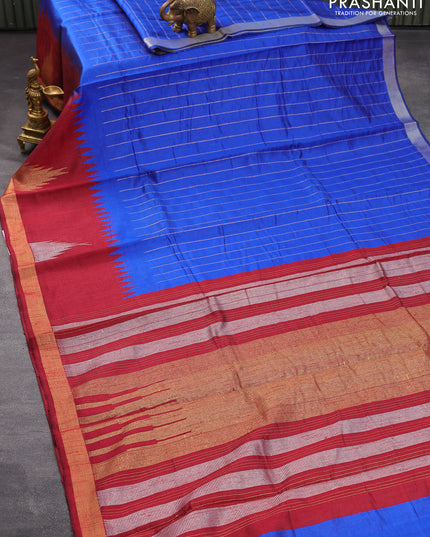 Dupion silk saree royal blue and maroon with allover zari stripe weaves and long temple design zari woven border